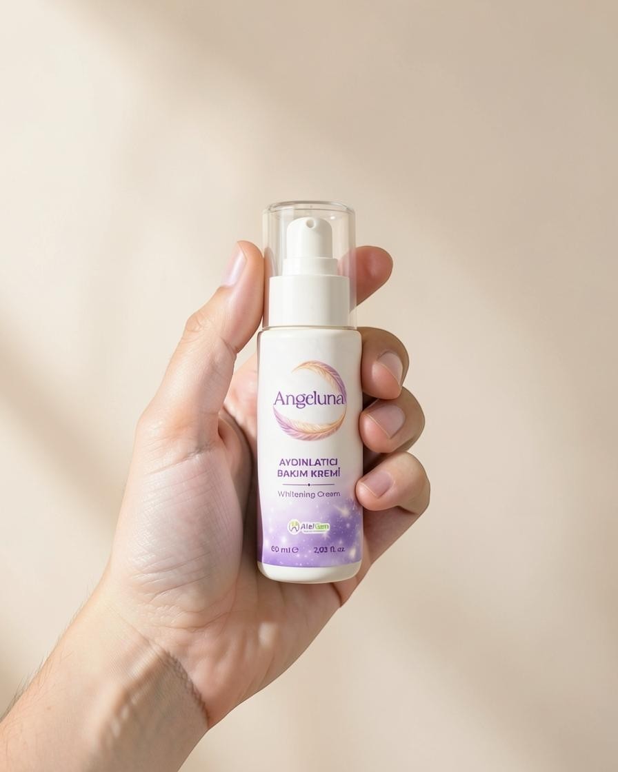 ALELGEN Angeluna beyazlatıcı ve aydınlatıcı bakım kremi, elinde tutulan 60 ml pompalı şişe tasarımıyla