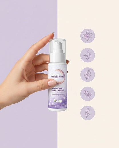 ALELGEN Angeluna beyazlatıcı ve aydınlatıcı bakım kremi, elinde tutulan 60 ml'lik şık ambalajıyla cilt tonu eşitleyici bakım.