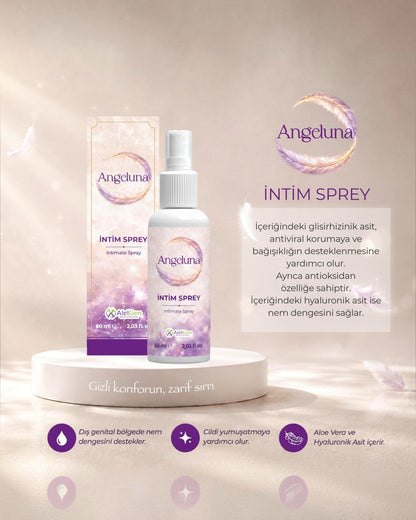 AlelGen Angeluna 60 ml dış genital bölge bakım spreyi, nemlendirici ve ferahlatıcı içerikli, şık ambalajlı kişisel bakım ürünü.