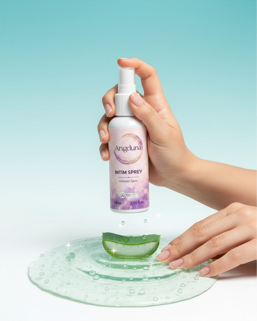 ALELGEN Angeluna 60 ml intim sprey, aloe vera özlü nemlendirici ve ferahlatıcı dış genital bölge bakım spreyi.