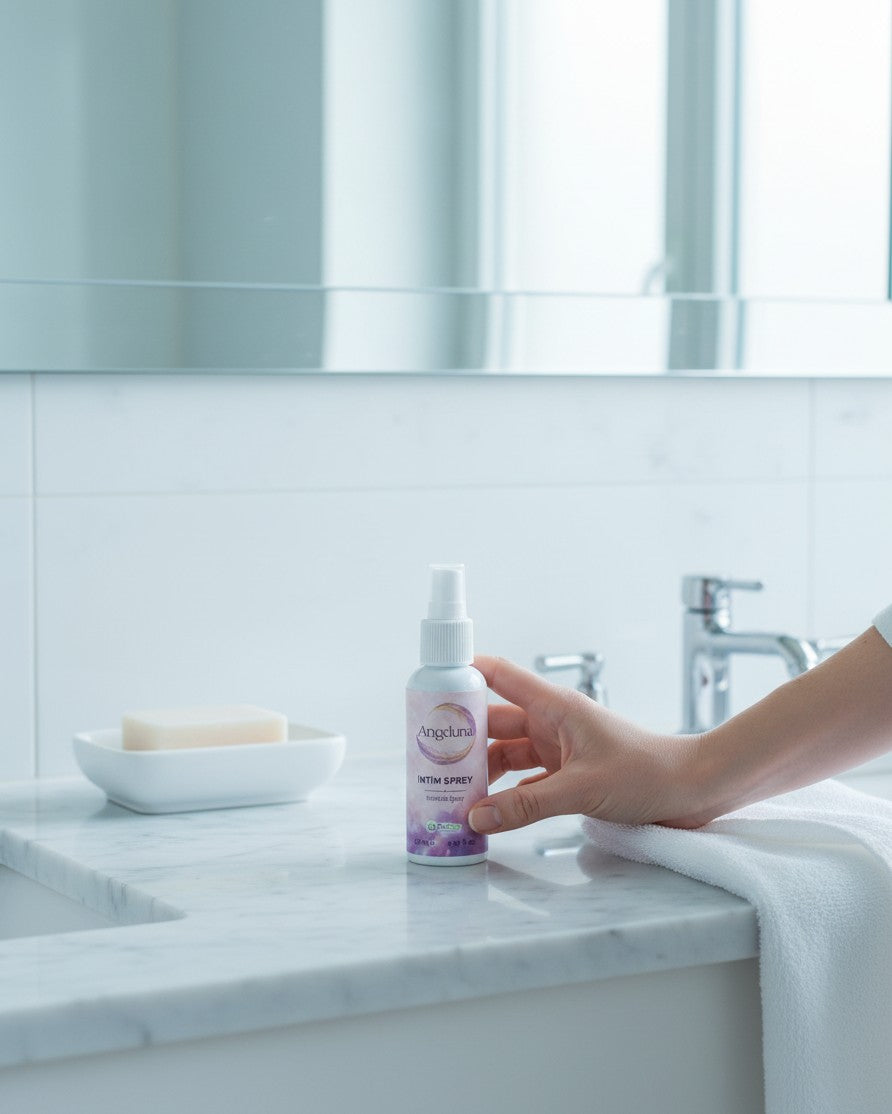 ALELGEN Angeluna 60 ml dış genital bölge bakım spreyi, banyo tezgahı üzerinde duran pratik ve ferahlatıcı kişisel bakım ürünü