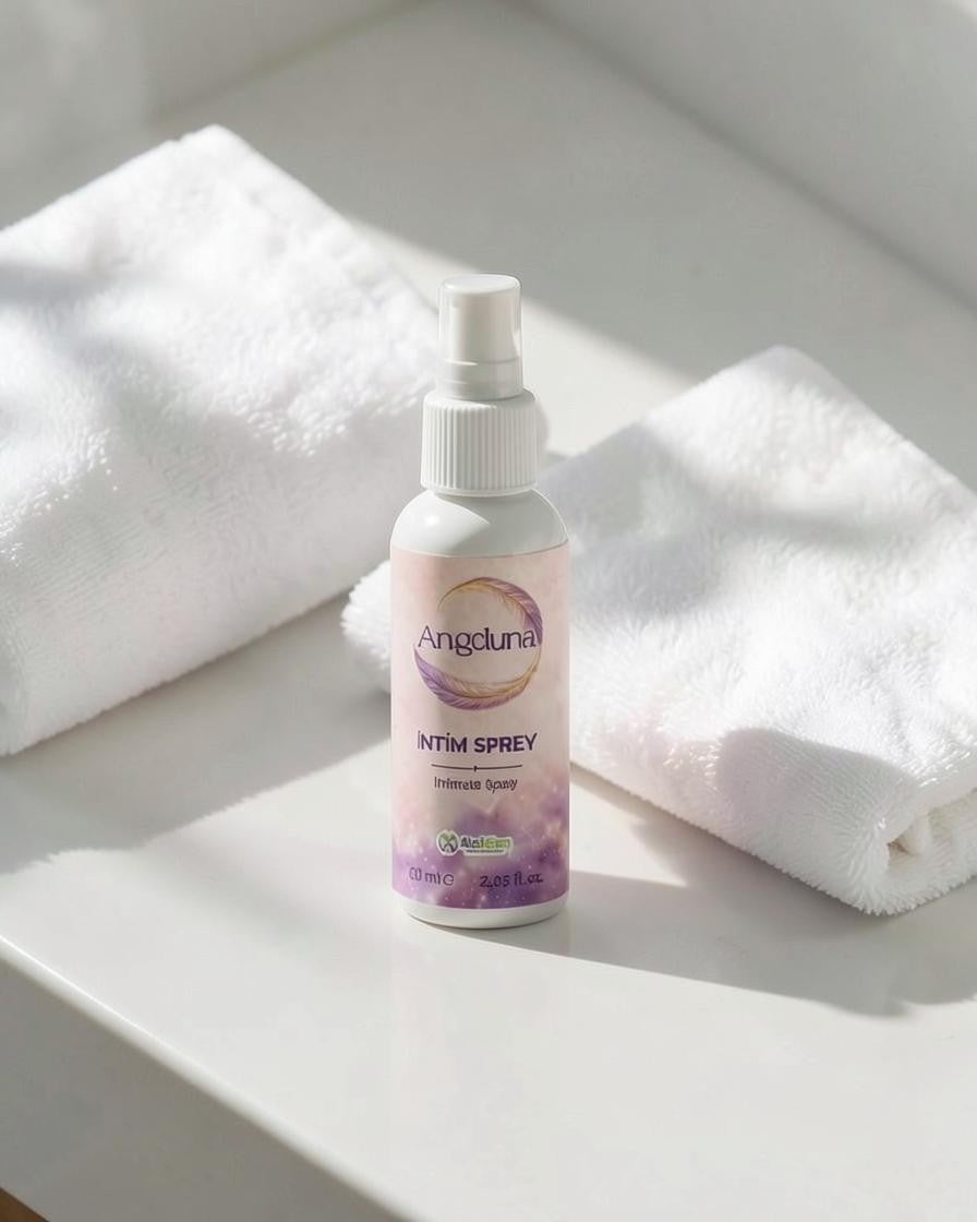 ALELGEN Angeluna 60 ml dış genital bölge bakım spreyi, beyaz havlular üzerinde, ferahlatıcı ve nemlendirici kişisel bakım.