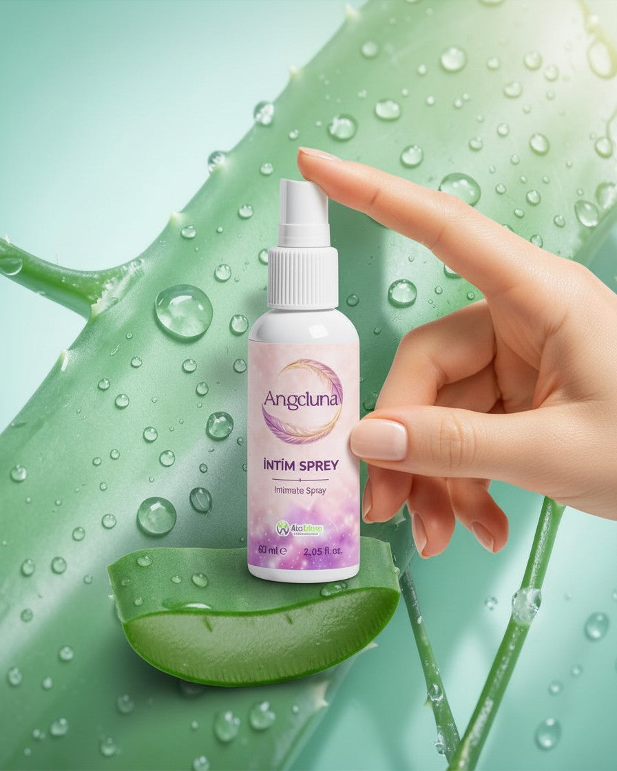 ALELGEN Angeluna 60 ml dış genital bölge bakım spreyi, aloe vera yaprağı üzerinde ferahlatıcı ve nemlendirici içerikli