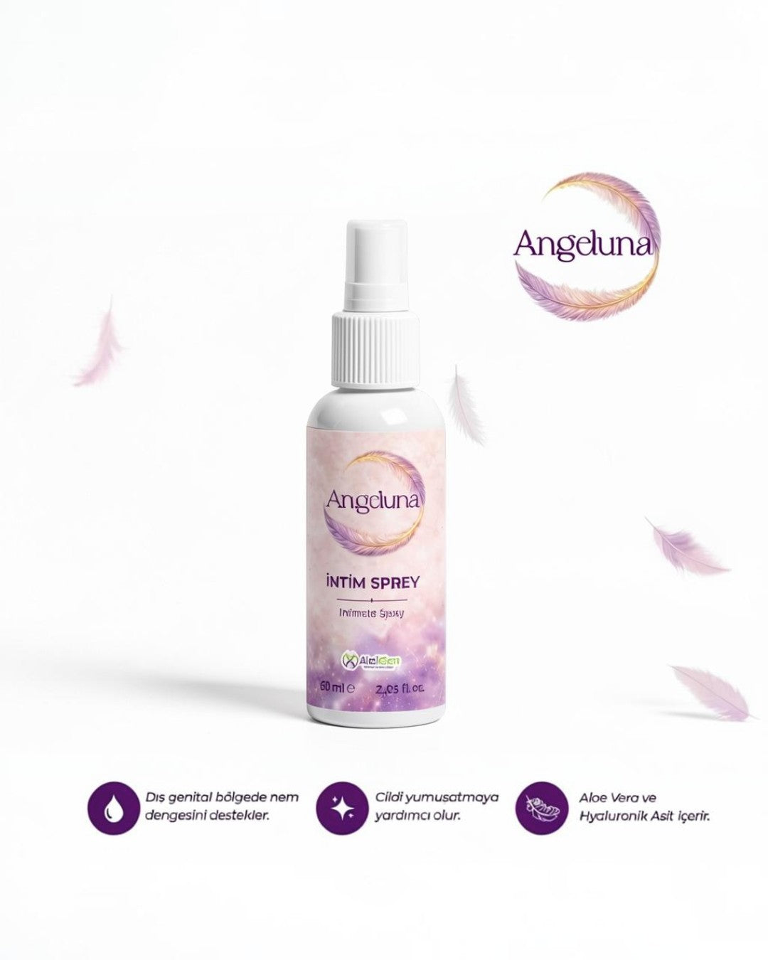 ALELGEN Angeluna 60 ml dış genital bölge bakım spreyi, Aloe Vera ve Hyalüronik Asit içerikli ferahlatıcı sprey şişesi.