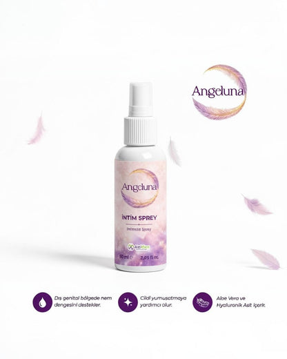 ALELGEN Angeluna 60 ml dış genital bölge bakım spreyi, Aloe Vera ve Hyalüronik Asit içerikli ferahlatıcı sprey şişesi.