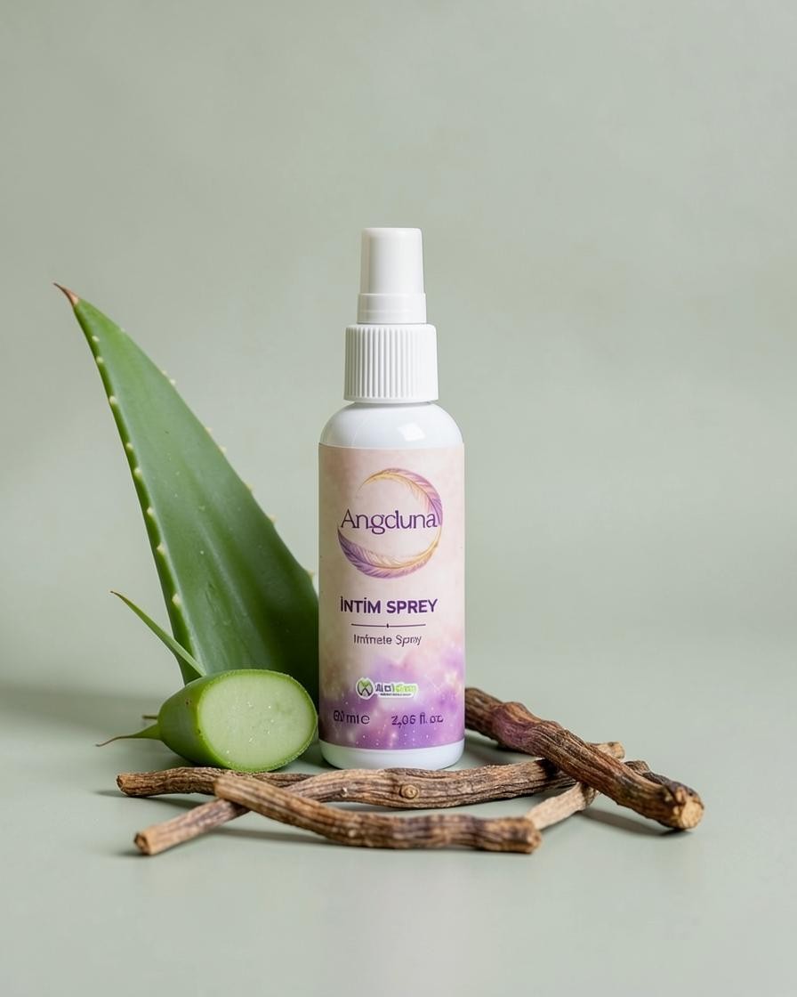 ALELGEN Angeluna 60 ml dış genital bölge bakım spreyi, aloe vera yaprağı ve meyan kökü ile birlikte sergileniyor.