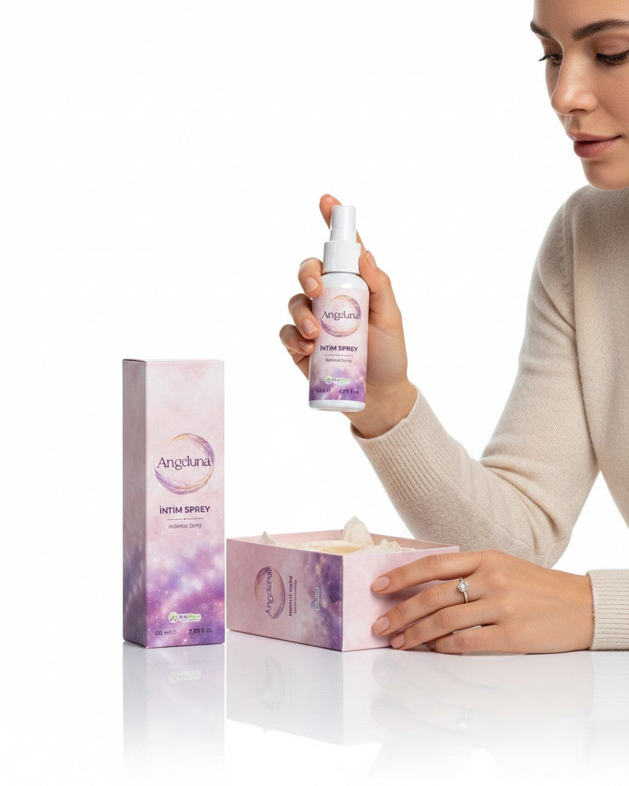 ALELGEN Angeluna 60 ml dış genital bölge bakım spreyi ve kutusu, kadın modelin elinde tuttuğu pratik sprey formu.