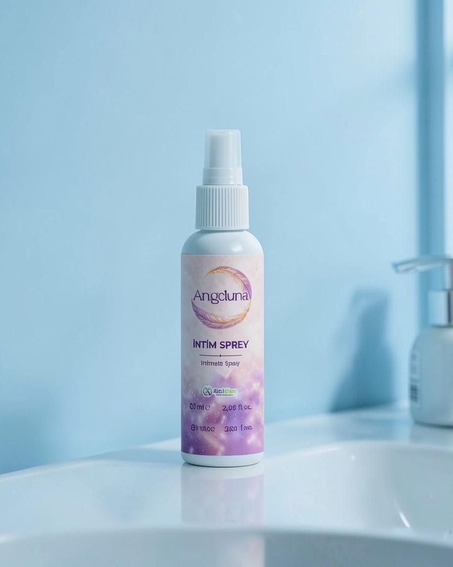 ALELGEN Angeluna 60 ml dış genital bölge bakım spreyi, banyo tezgahı üzerinde duran pratik ve ferahlatıcı kişisel bakım ürünü.