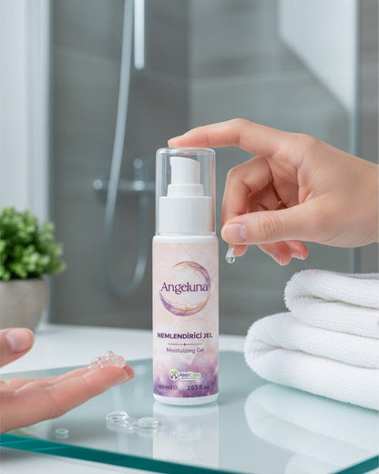 ALELGEN Angeluna nemlendirici jel, el üzerinde şeffaf dokusuyla gösterilen 60 ml'lik günlük bakım ürünü.