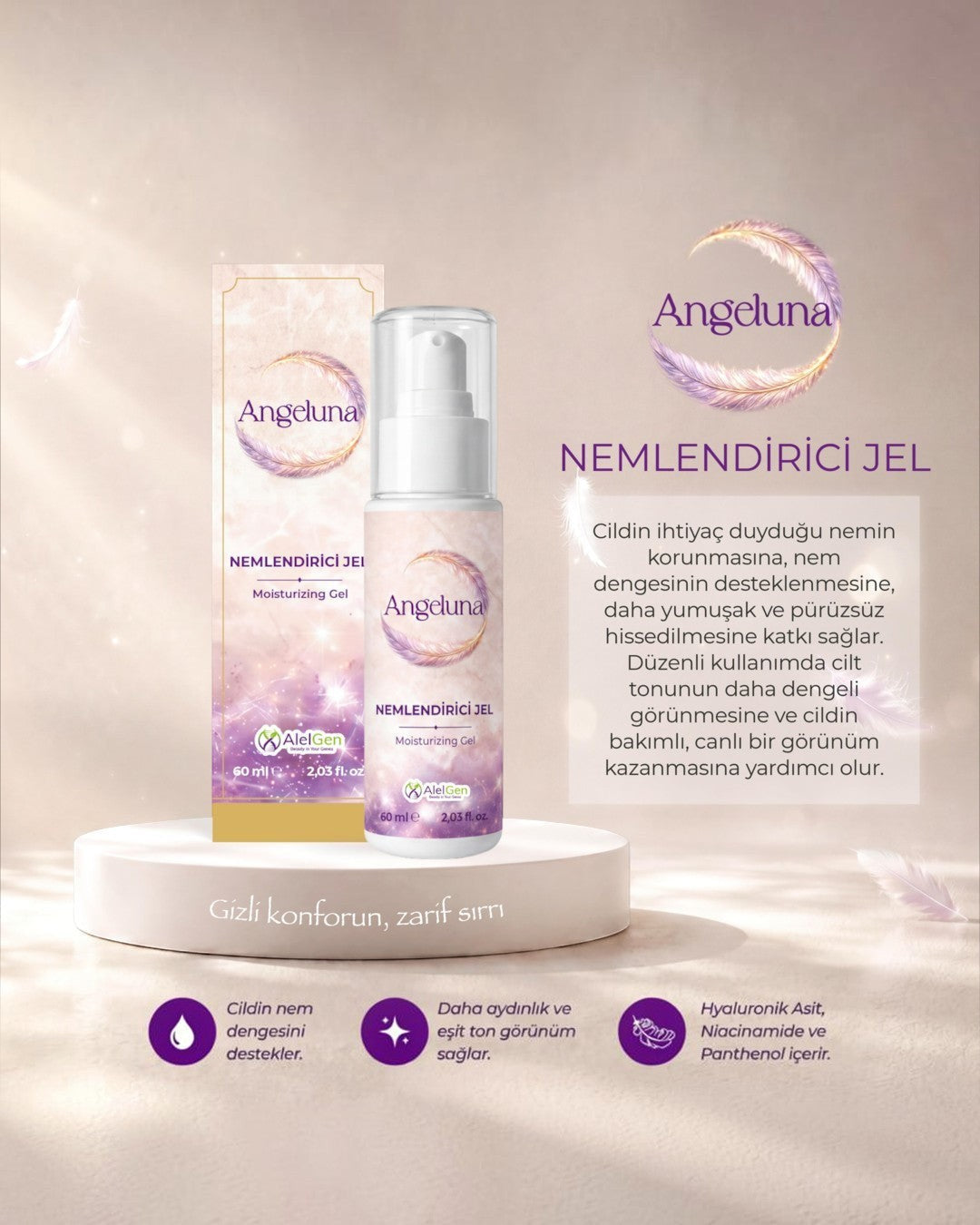 Alelgen Angeluna nemlendirici jel 60 ml, hyalüronik asit ve niacinamide içeren, aydınlatıcı etkili cilt bakım ürünü.
