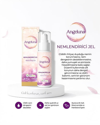ALELGEN Angeluna nemlendirici jel, hyalüronik asit ve niacinamide içeren 60 ml cilt bakım ürünü ve kutusu.